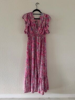 Gold & Silver Paris Floral Faux Wrap Ruffle Maxi Dress Size T2 / M
